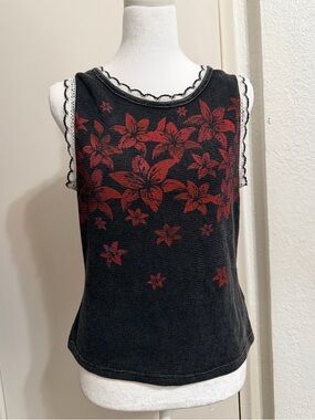 Black Tank Top with Red Floral Print and Scallop Trim